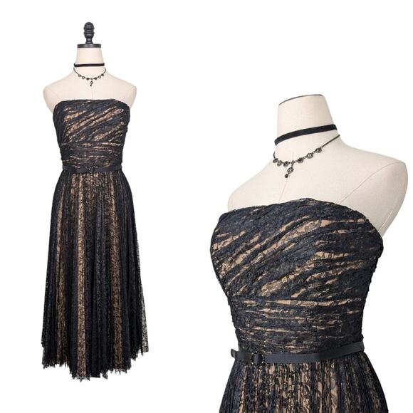 Badgley Mischka Midi Dress Cocktail Gown Black 8 Lace Strapless Glam Classic - Picture 2 of 16